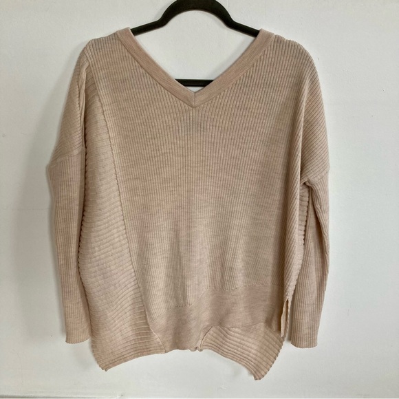AllSaints Keld V-Neck Merino Wool Ribbed Sweater Color Almond  Marl Sz S - Picture 3 of 12